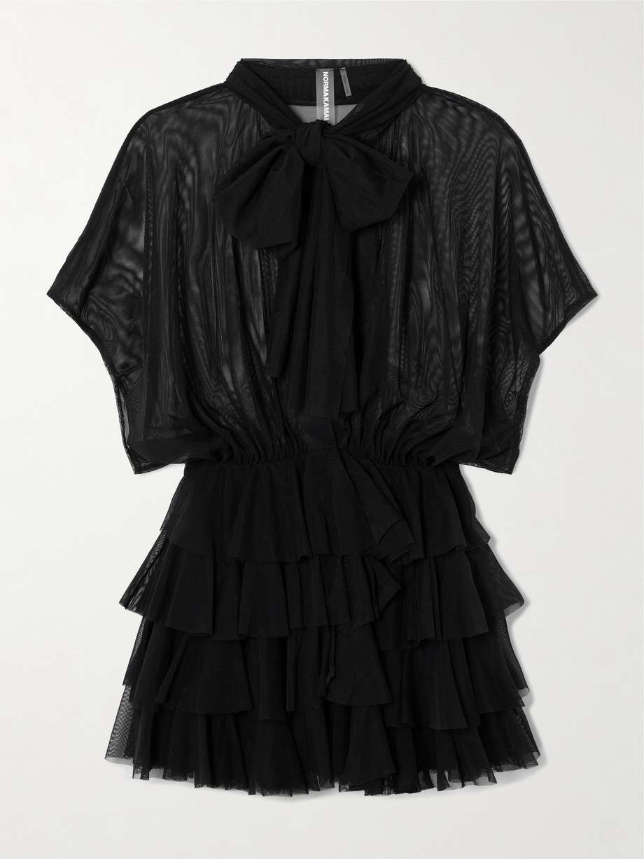 lauren bow-detailed tiered ruffled tulle mini dress