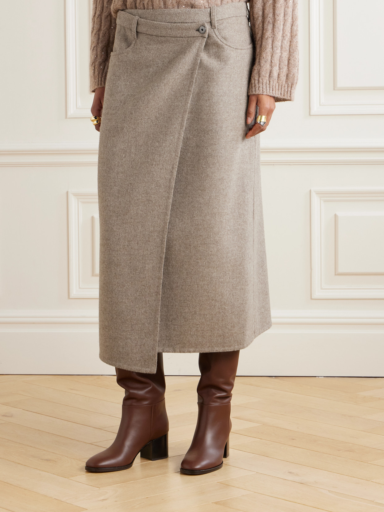 Brunello Cucinelli Asymmetric Brushed-wool Midi Wrap Skirt