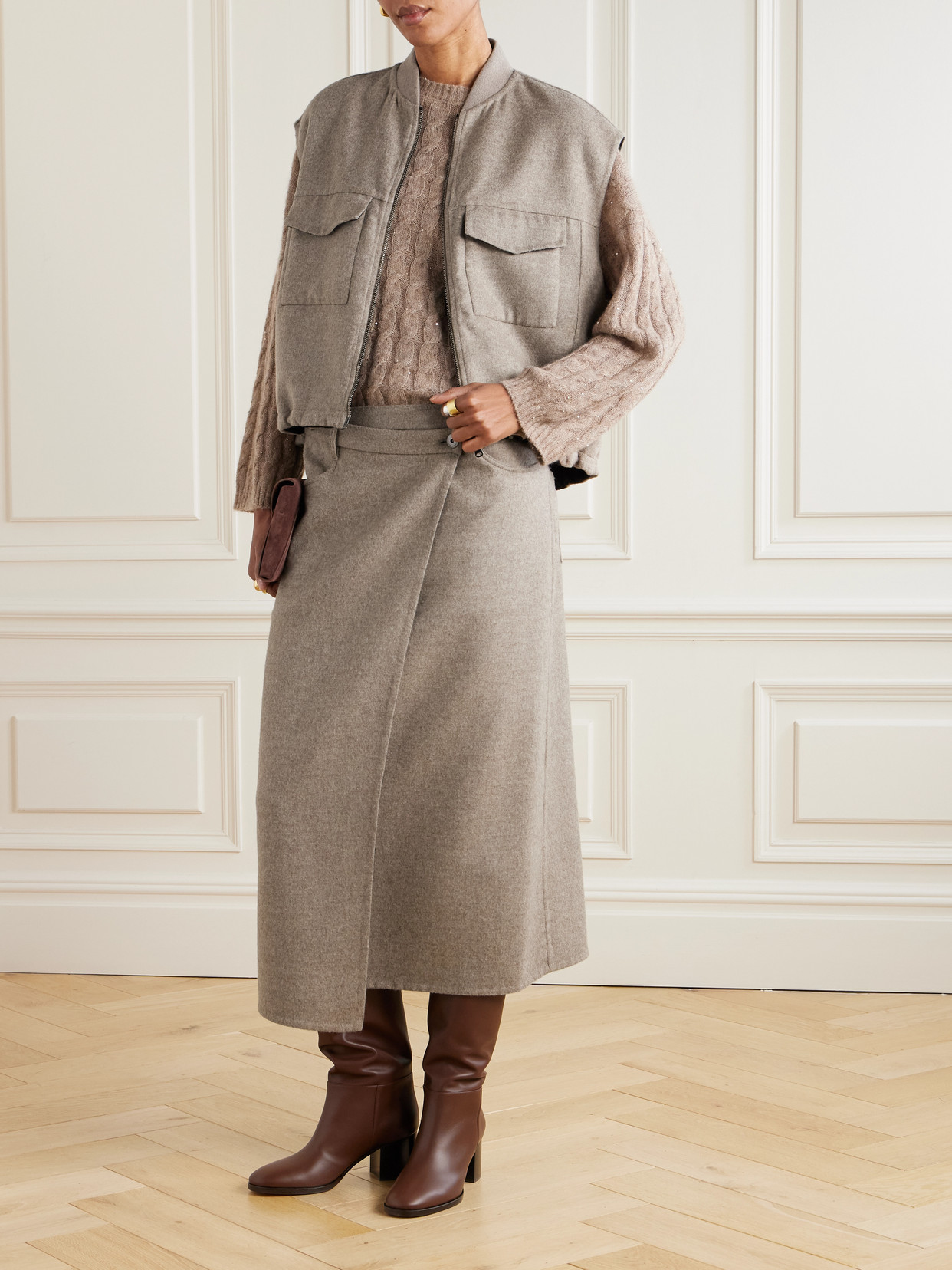 Brunello Cucinelli Asymmetric Brushed-wool Midi Wrap Skirt