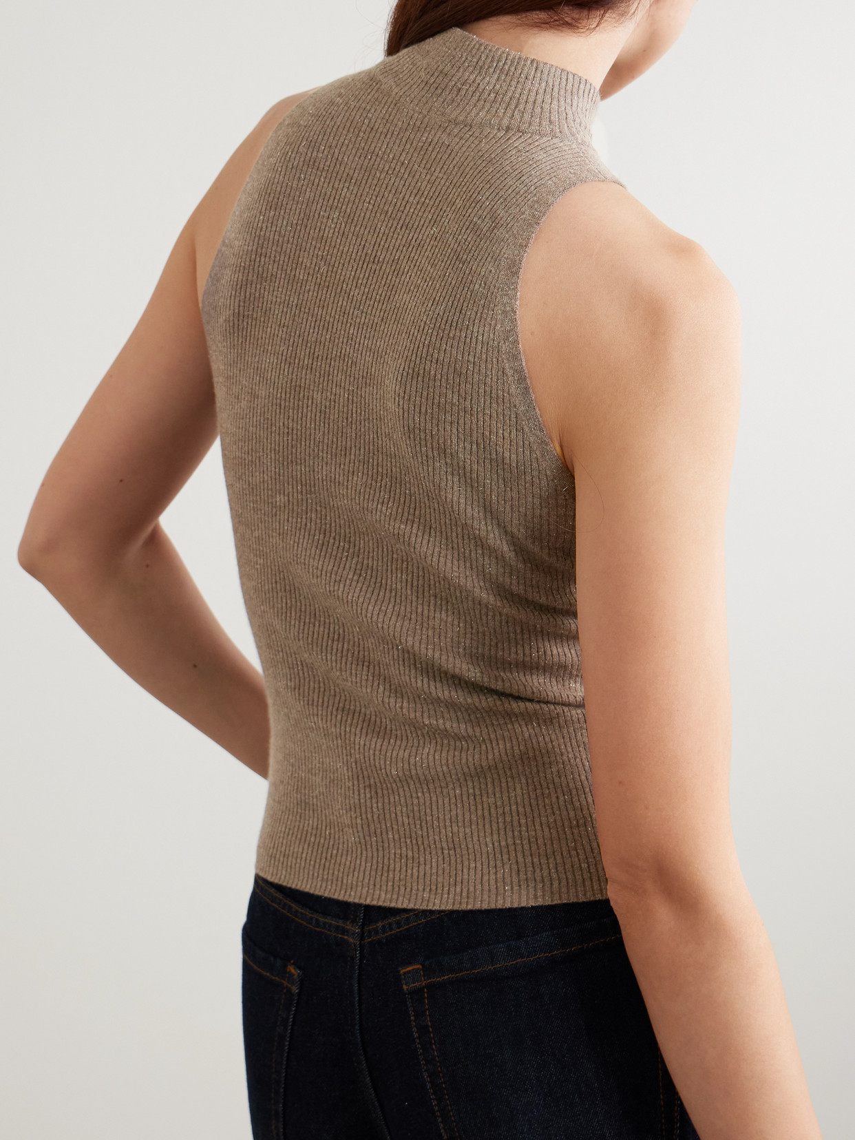 Brunello Cucinelli Metallic Ribbed-knit Turtleneck Tank In Brown