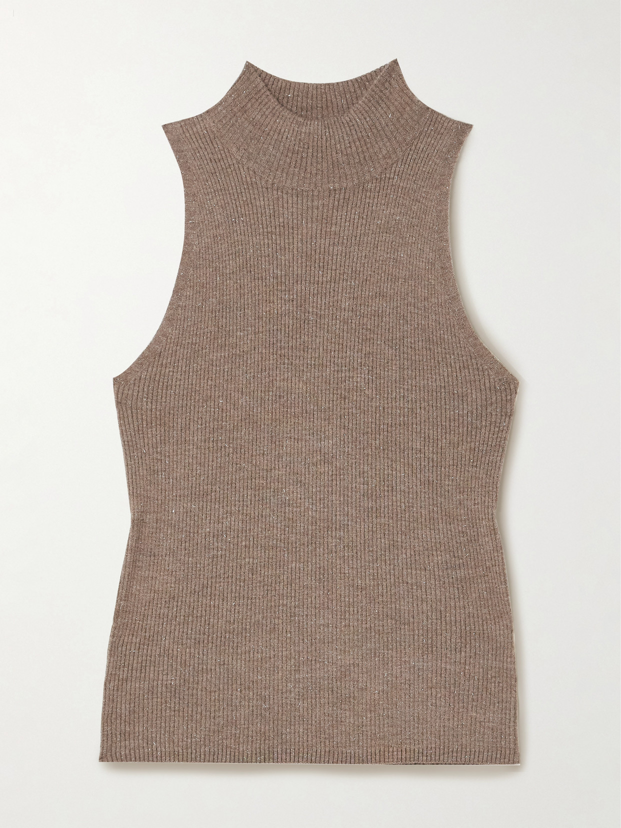 Brunello Cucinelli Metallic Ribbed-knit Turtleneck Tank In Brown