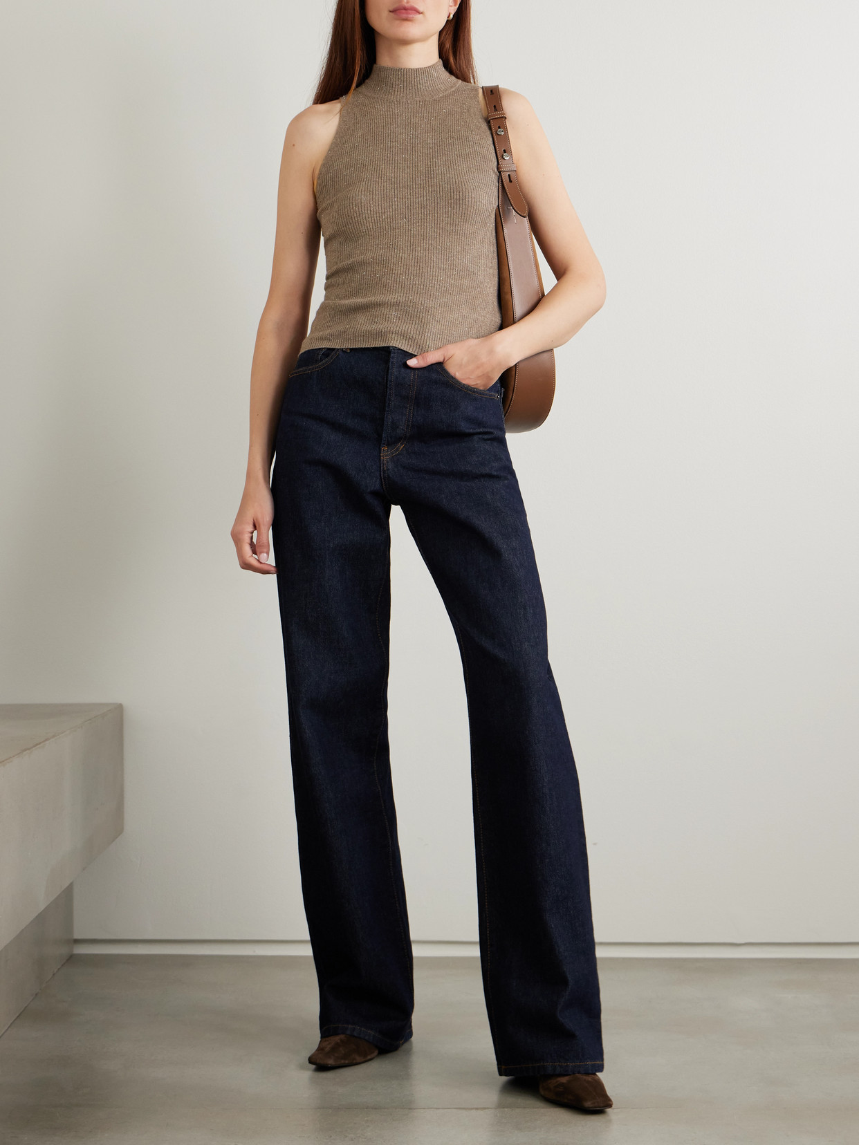 Brunello Cucinelli Metallic Ribbed-knit Turtleneck Tank In Brown