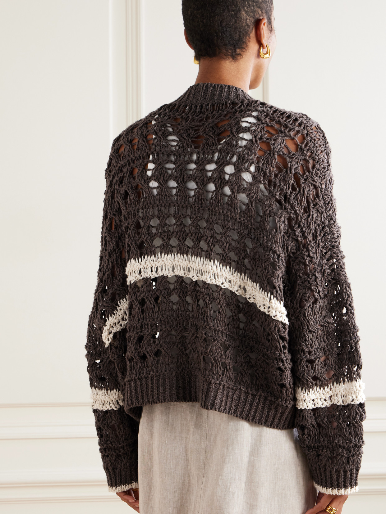 Brunello Cucinelli Striped Crocheted Jute-blend Cardigan
