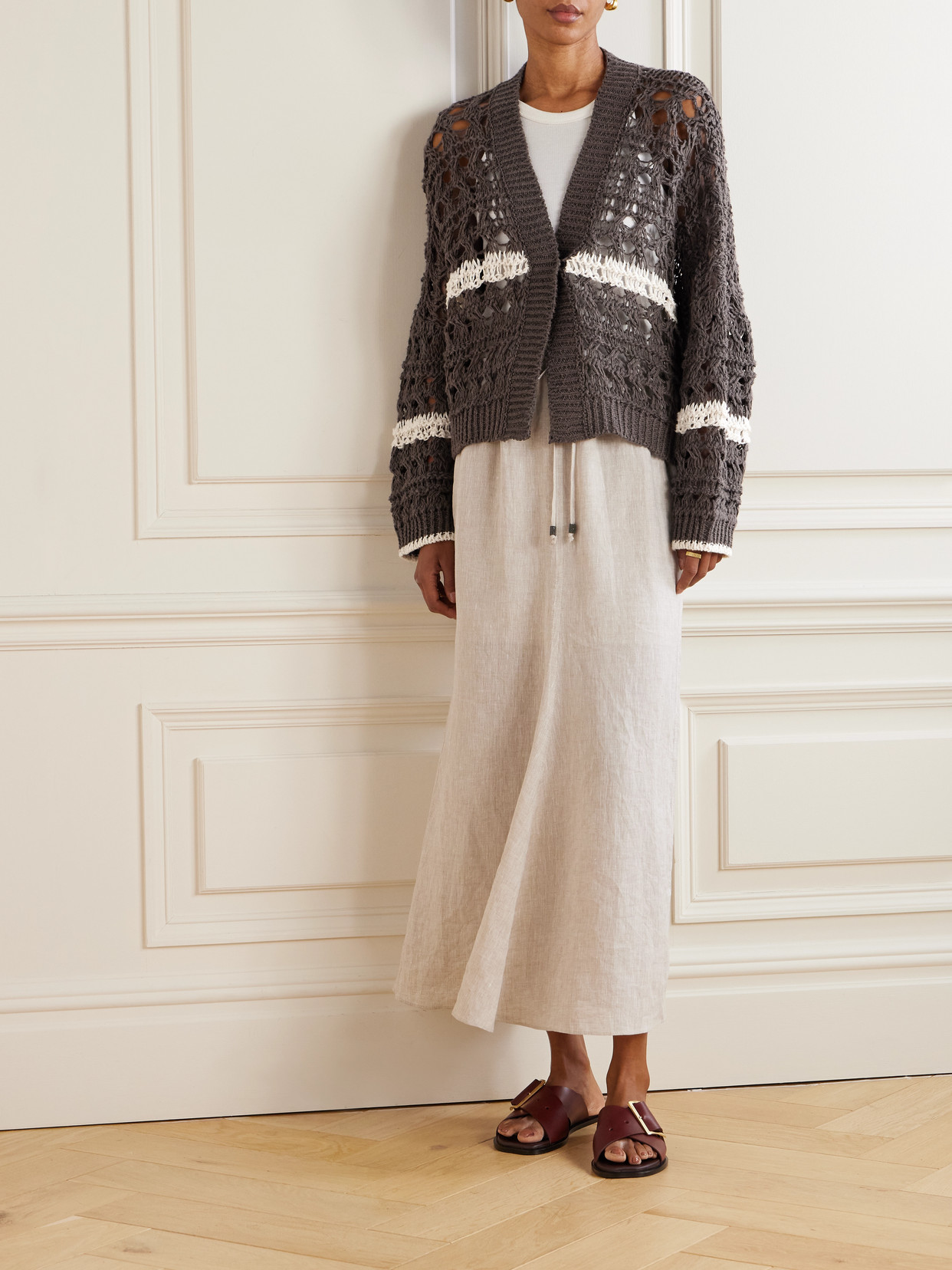 Brunello Cucinelli Striped Crocheted Jute-blend Cardigan