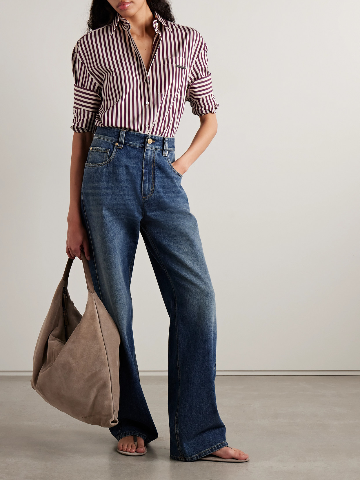 Brunello Cucinelli Bead-embellished Striped Cotton-sateen Shirt In Multi