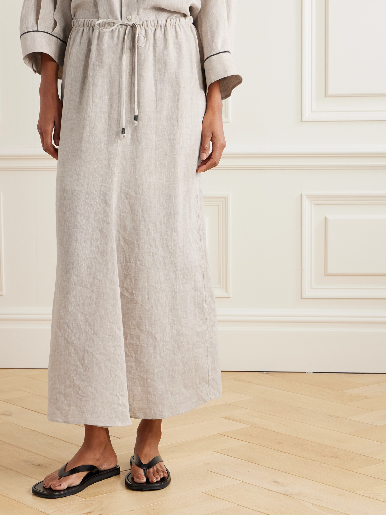 Shop Brunello Cucinelli Bead-embellished Linen Midi Skirt