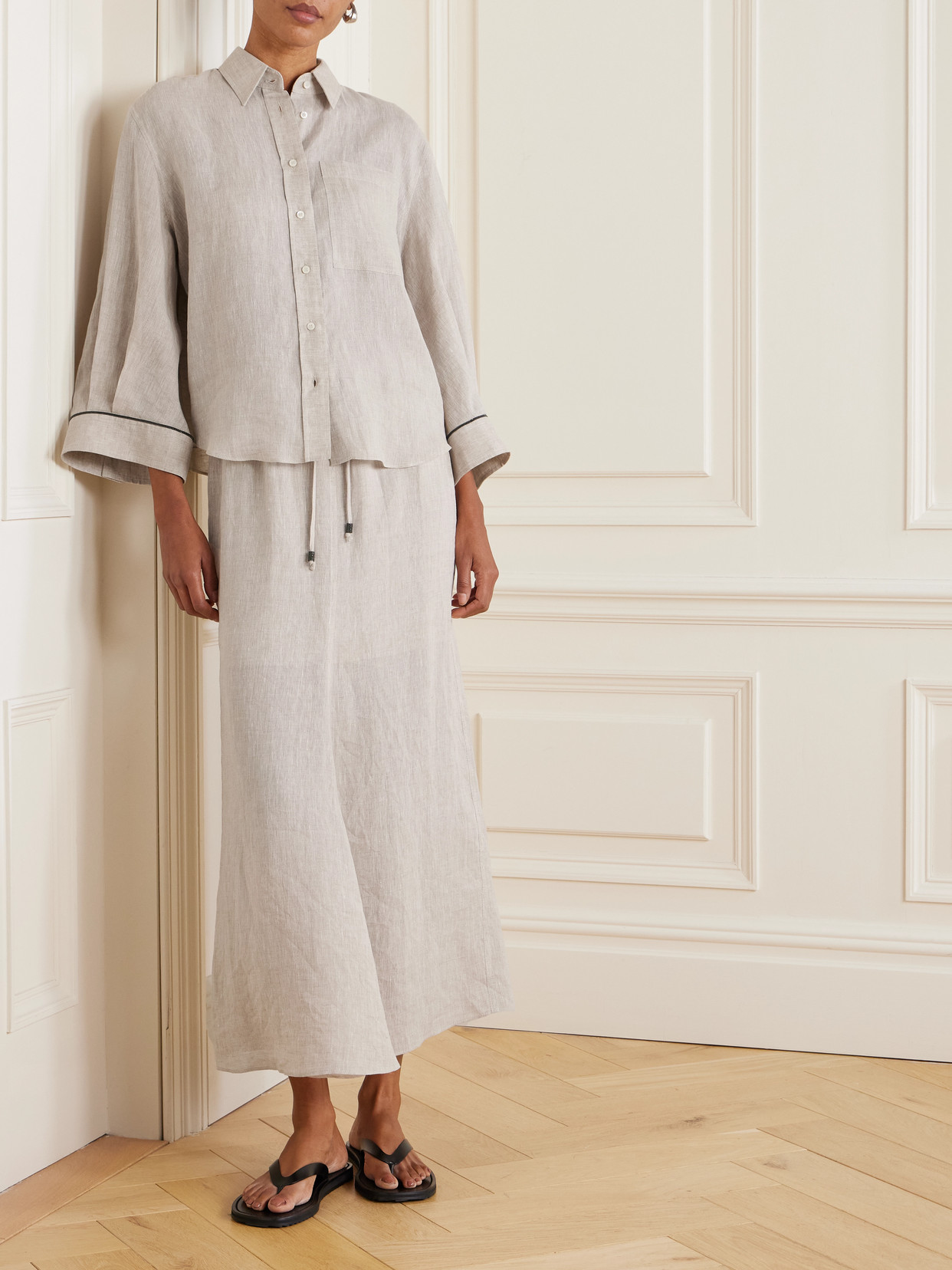 Shop Brunello Cucinelli Bead-embellished Linen Midi Skirt