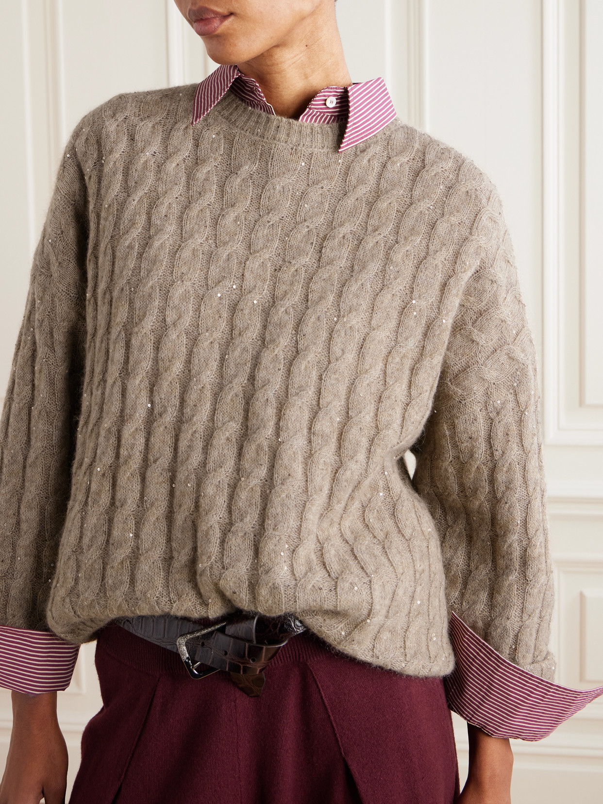Brunello Cucinelli Hooded Sequin-embellished Cable-knit Sweater