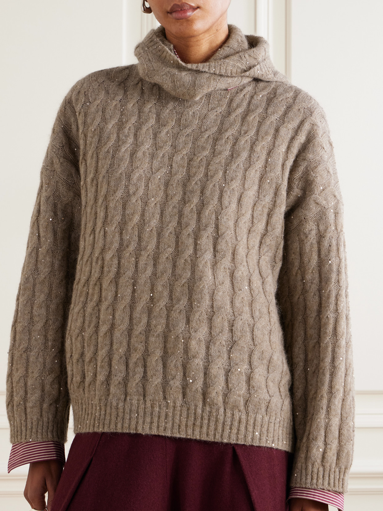 Brunello Cucinelli Hooded Sequin-embellished Cable-knit Sweater