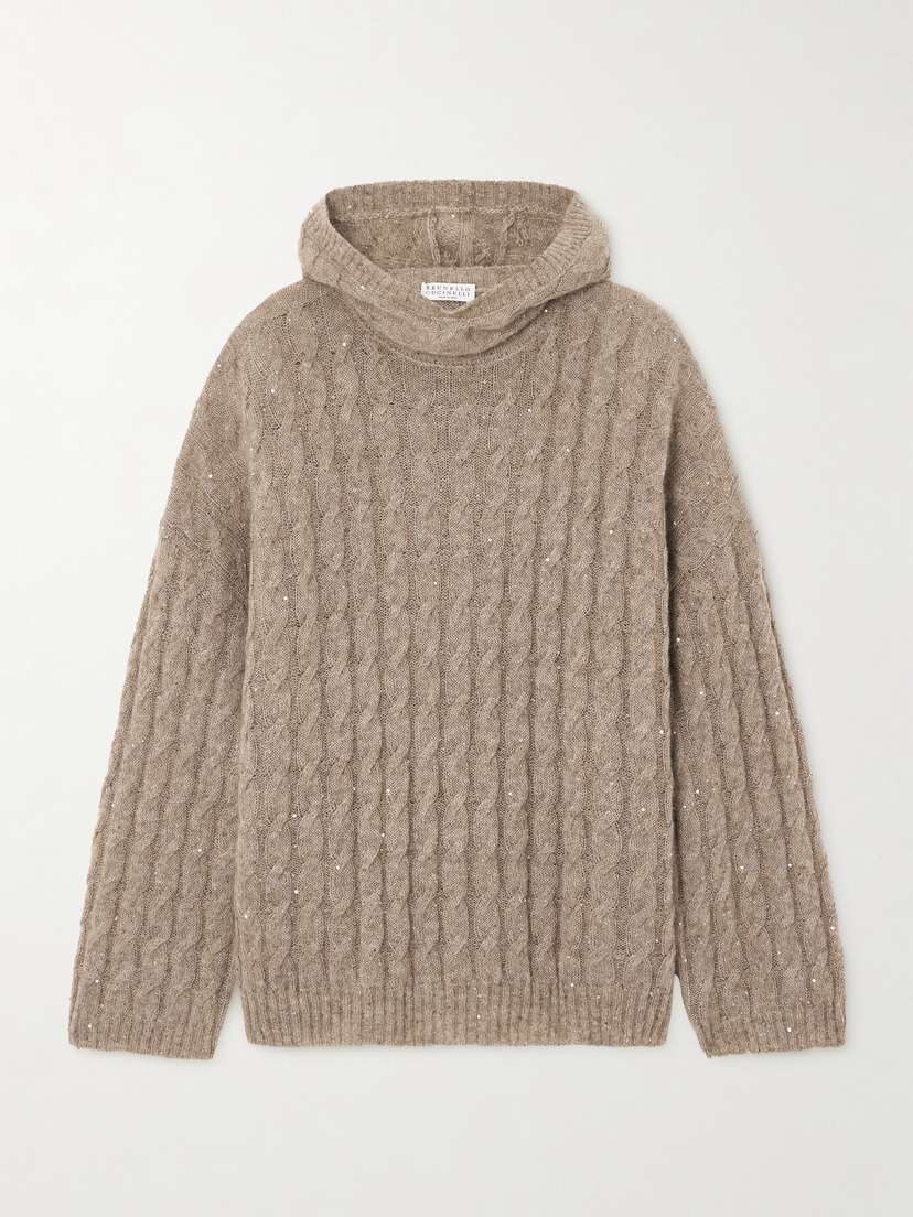 Brunello Cucinelli Hooded Sequin-embellished Cable-knit Sweater