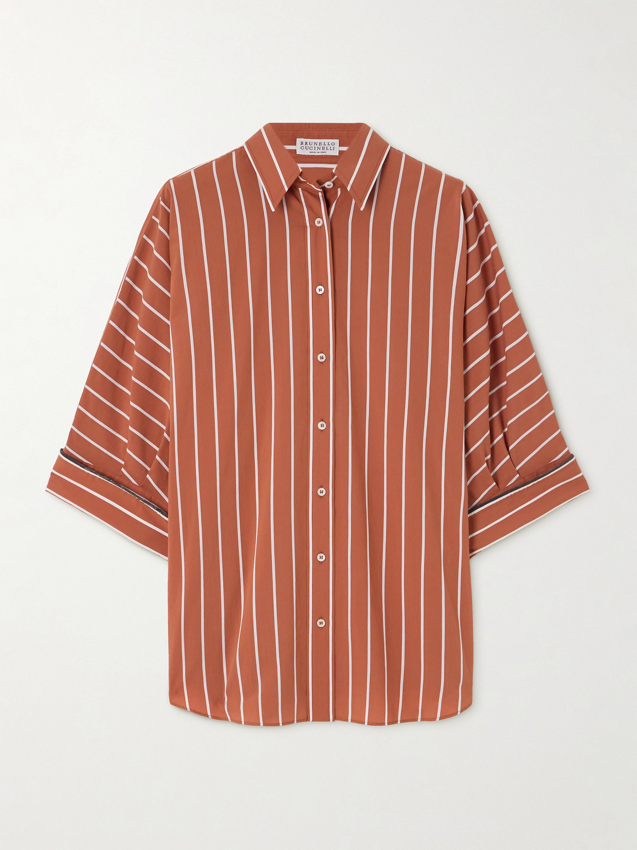 Brunello Cucinelli Bead-embellished Striped Cotton-blend Poplin Shirt