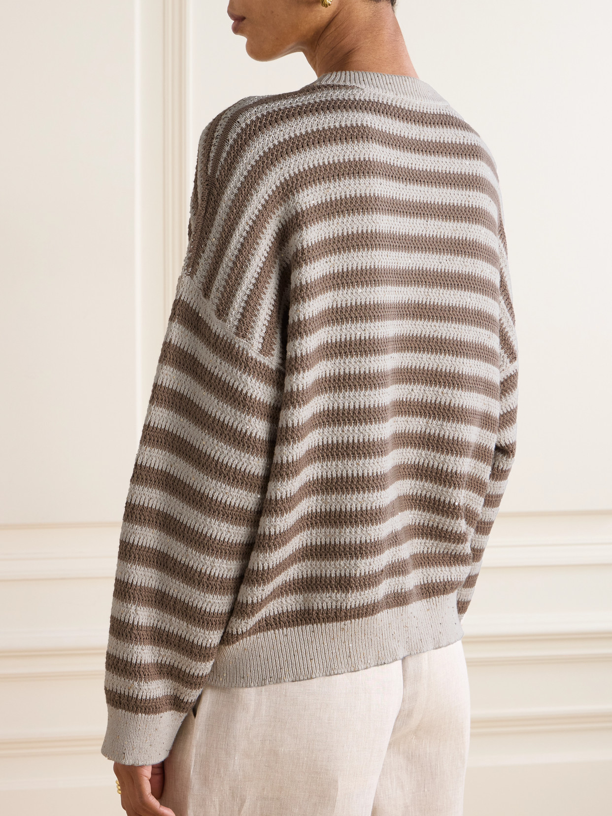 Sequin-Embellished Striped Cotton-Blend Sweater