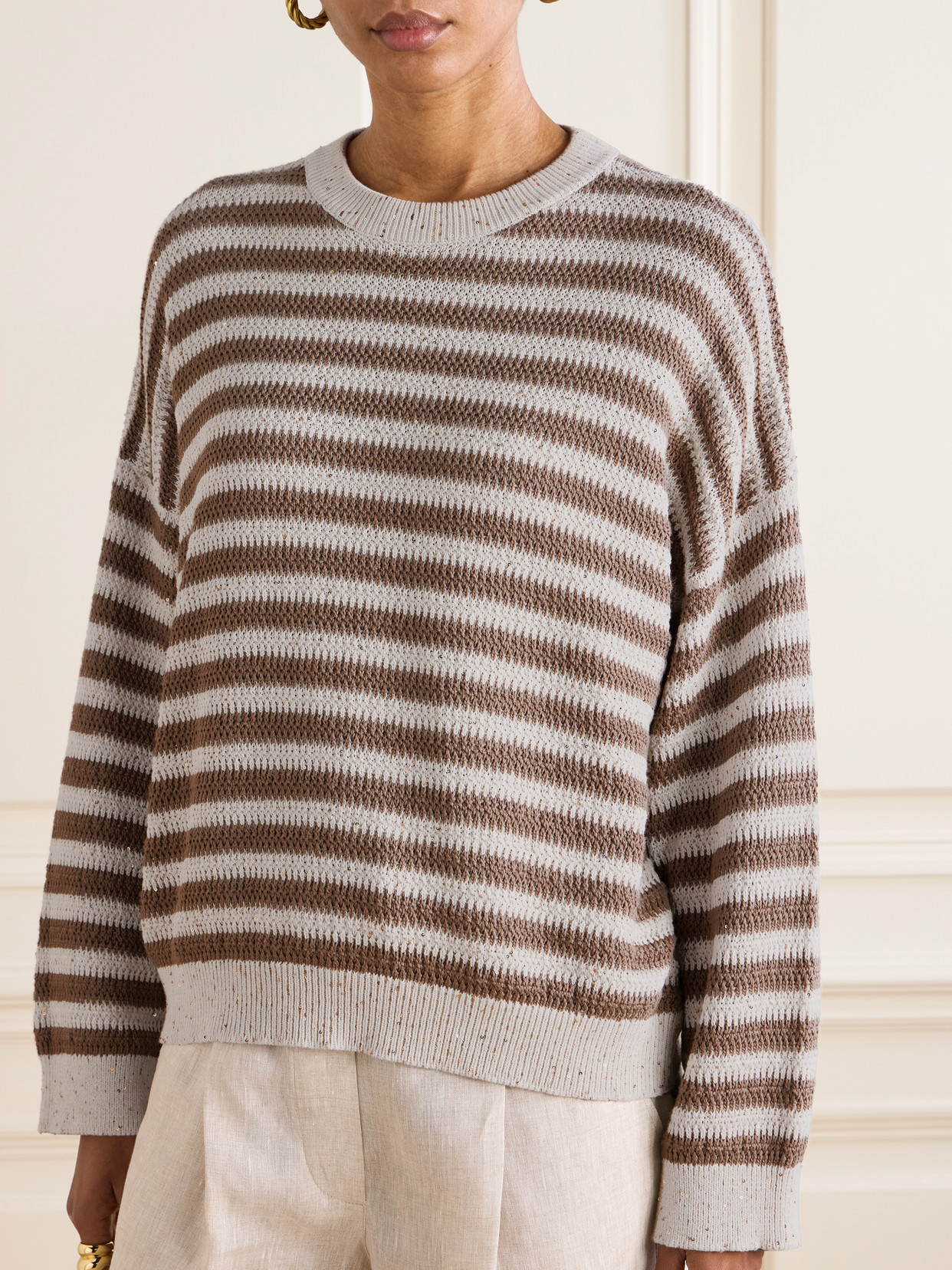 Sequin-Embellished Striped Cotton-Blend Sweater