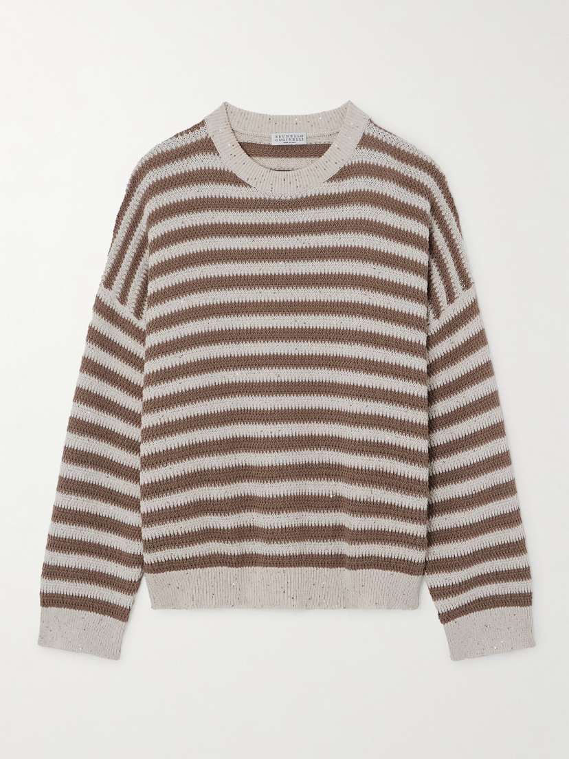 Brunello Cucinelli Sequin-embellished Striped Cotton-blend Sweater