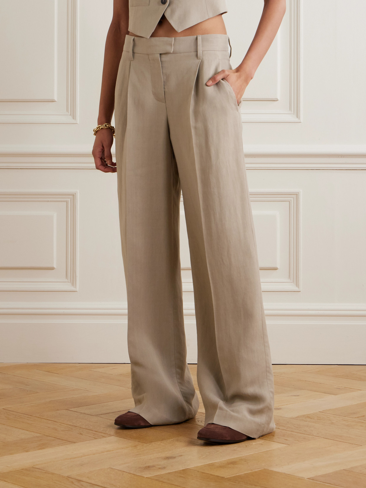Brunello Cucinelli Bead-embellished Pleated Twill Wide-leg Pants