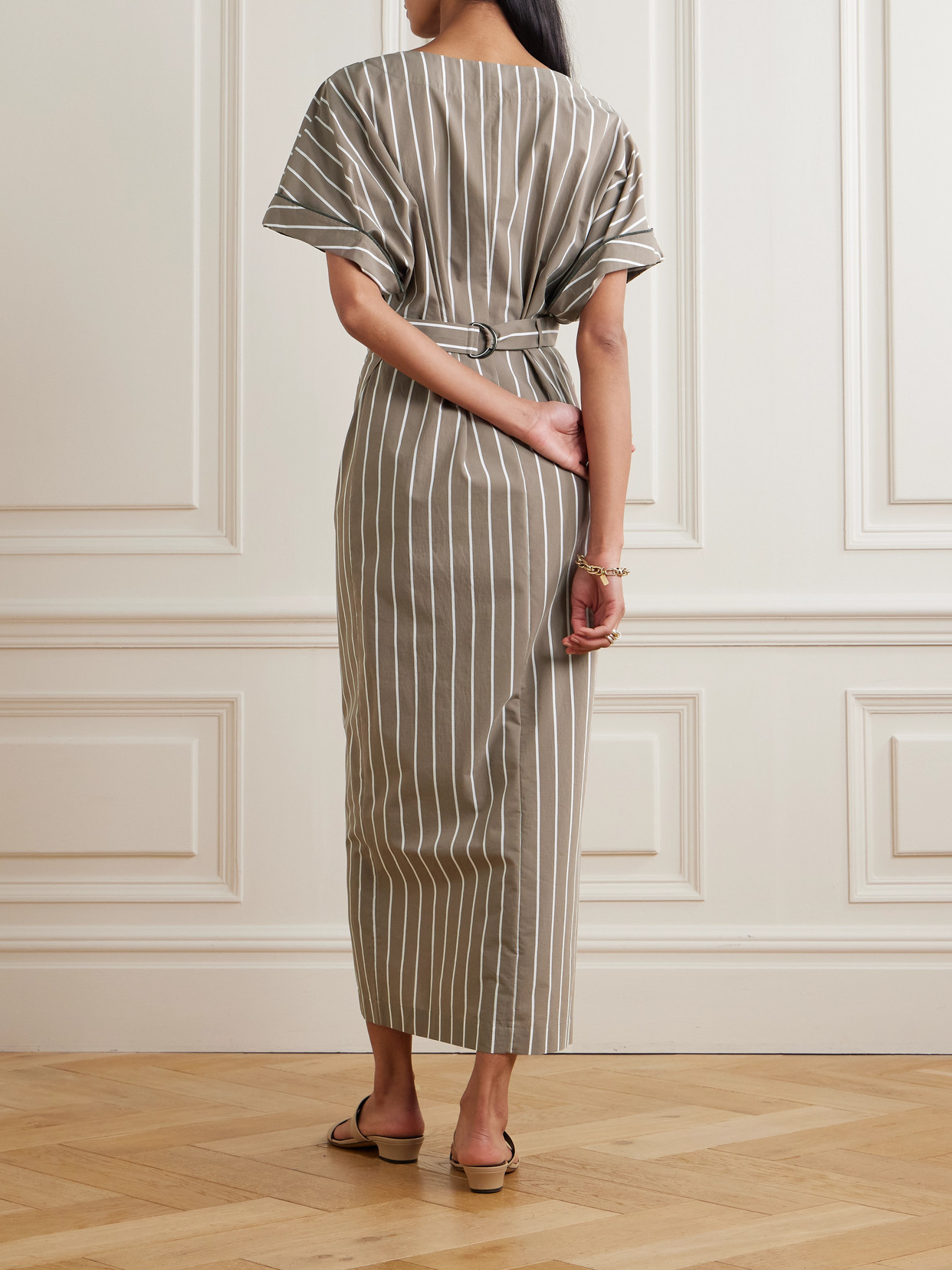 Brunello Cucinelli Striped Cotton-blend Poplin Wrap Midi Dress