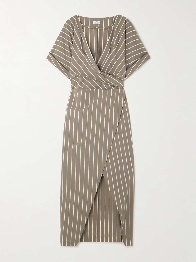Brunello Cucinelli Striped Cotton-blend Poplin Wrap Midi Dress