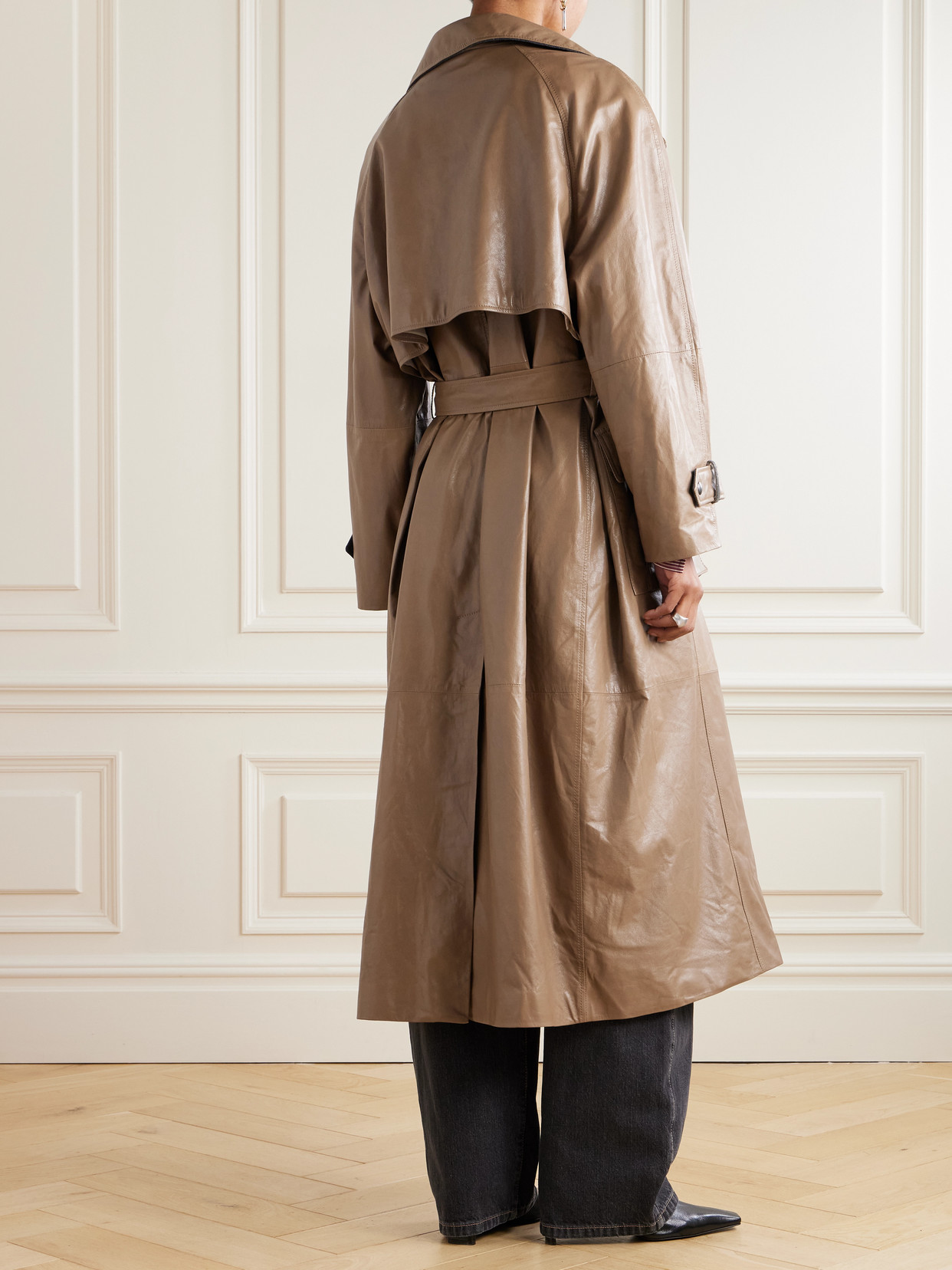 Brunello Cucinelli Bead-embellished Belted Double-breasted Leather Trench Coat In Brown