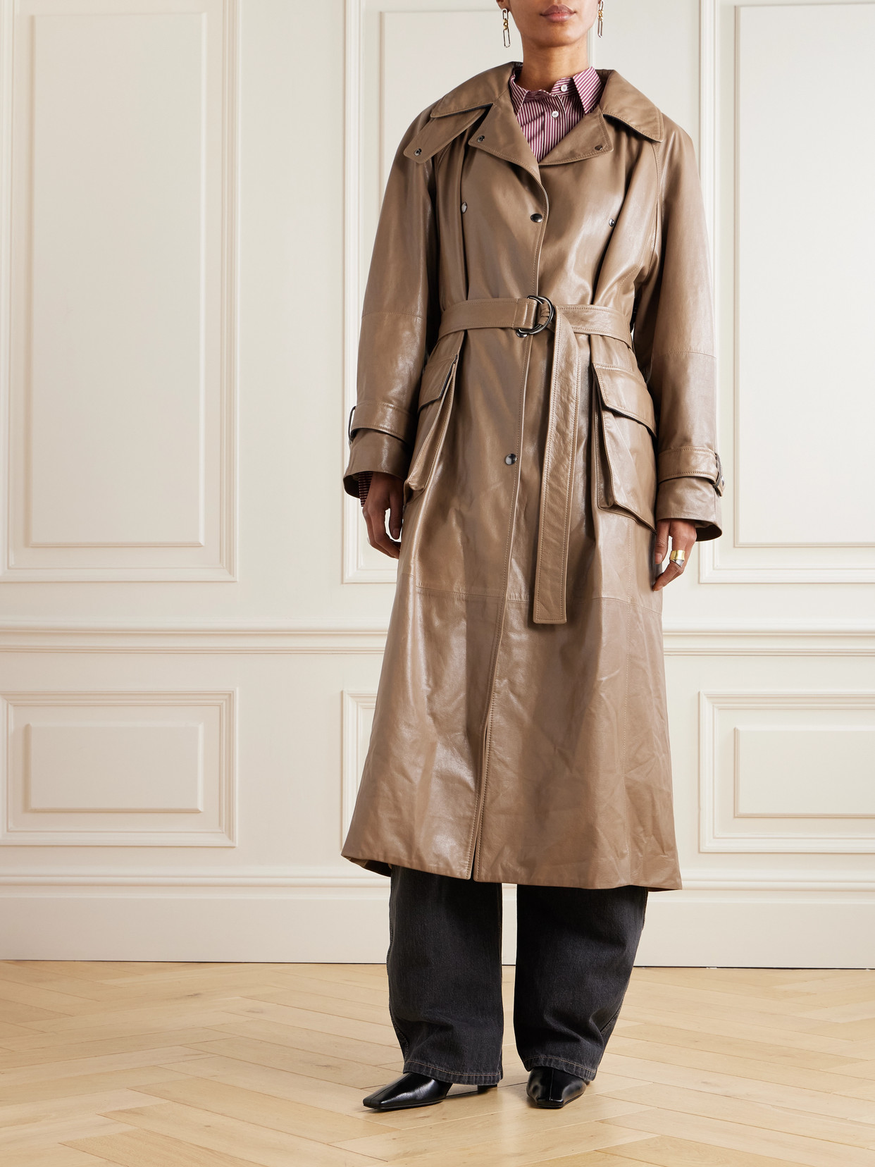 Brunello Cucinelli Bead-embellished Belted Double-breasted Leather Trench Coat In Brown