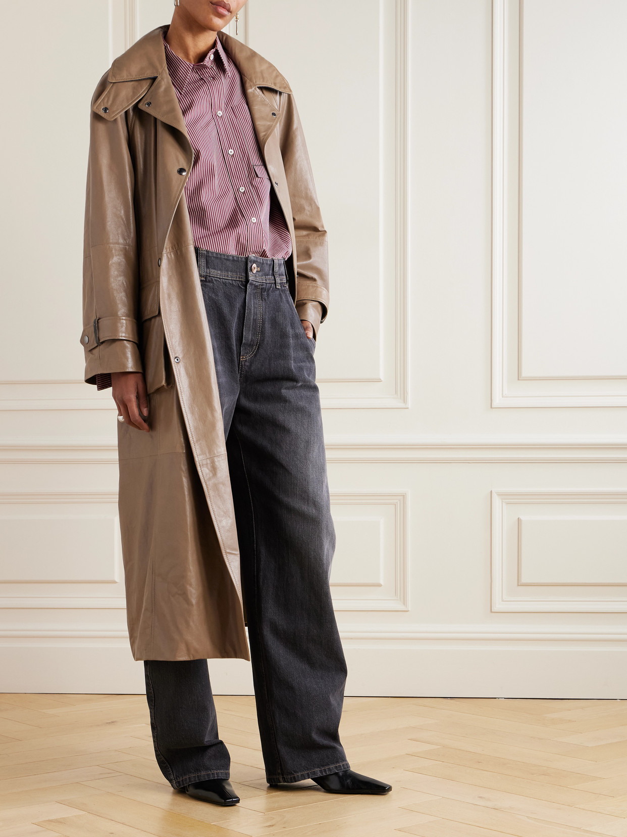 Brunello Cucinelli Bead-embellished Belted Double-breasted Leather Trench Coat In Brown