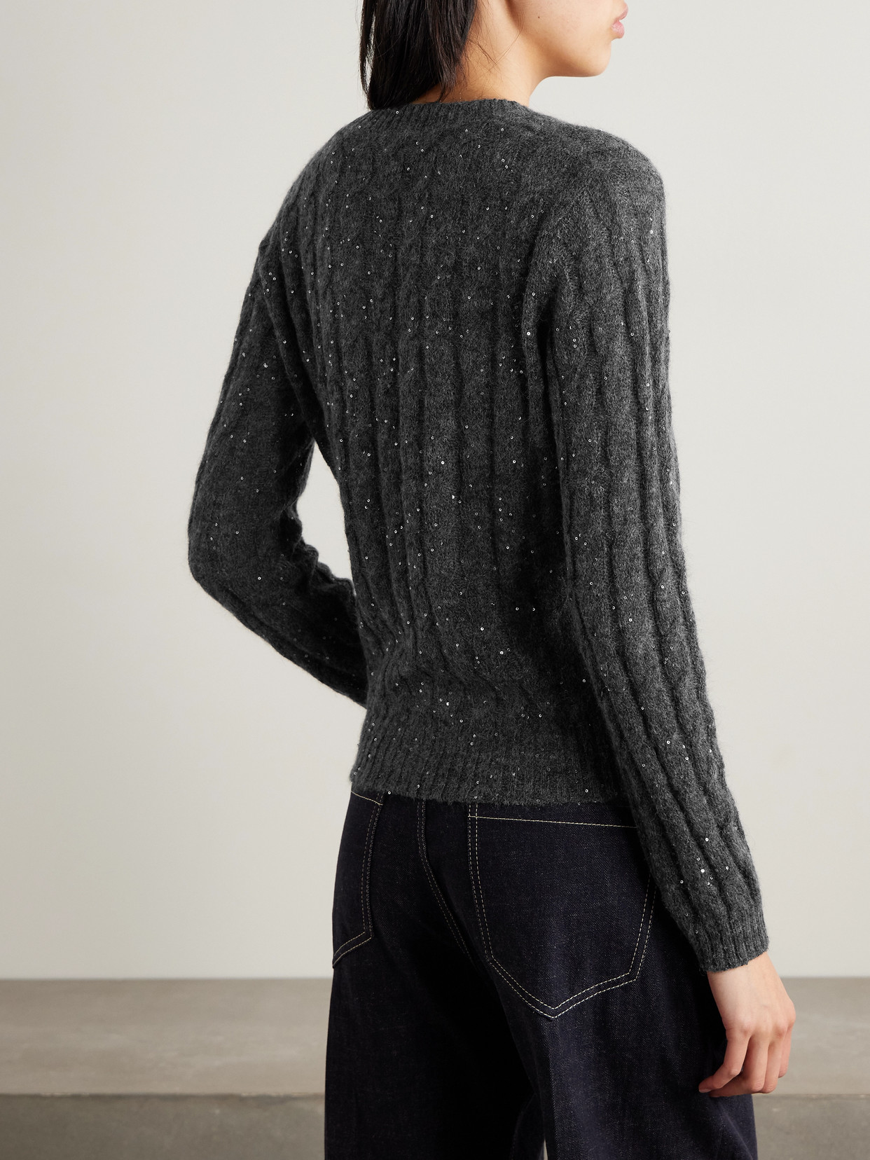 Brunello Cucinelli Sequin-embellished Cable-knit Sweater In Gray