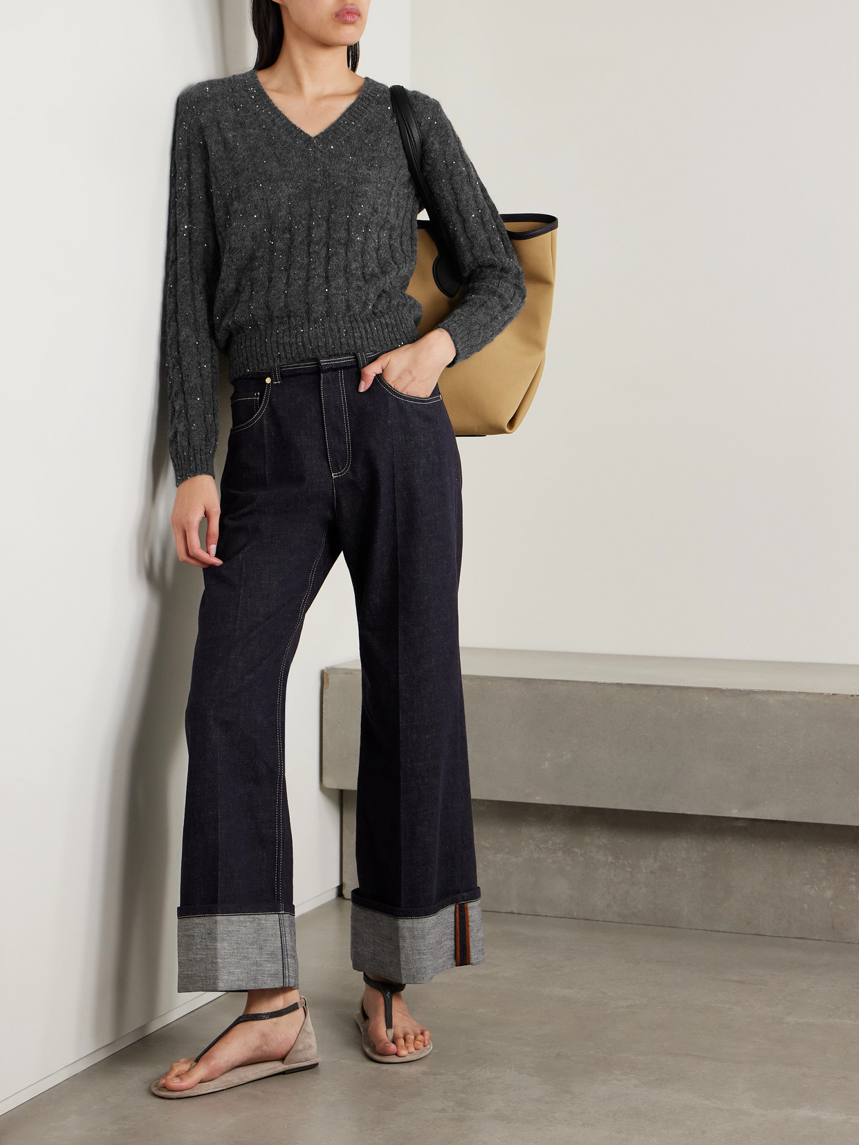 Brunello Cucinelli Sequin-embellished Cable-knit Sweater In Gray
