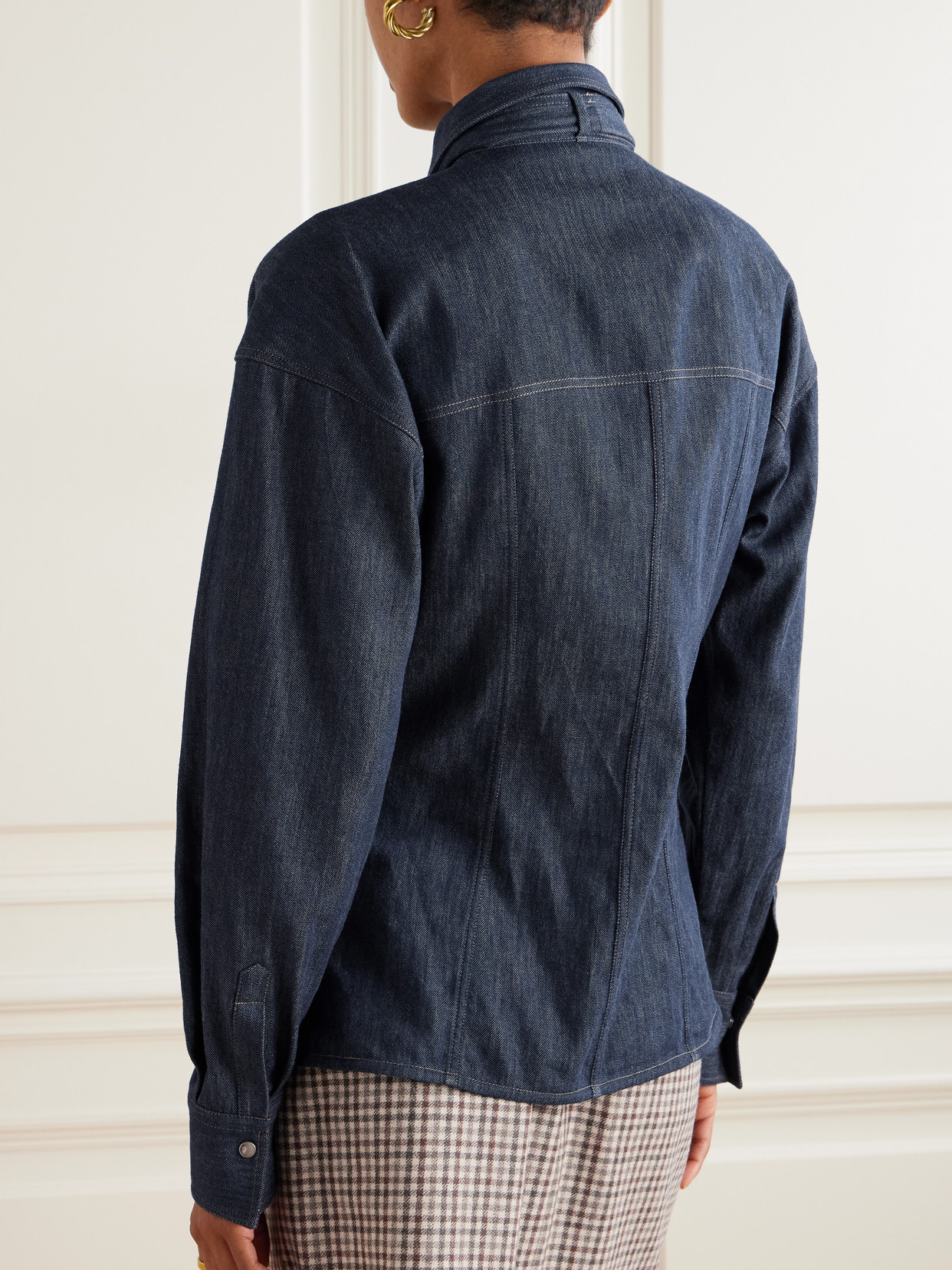 Bead-Embellished Pussy-Bow Denim Shirt