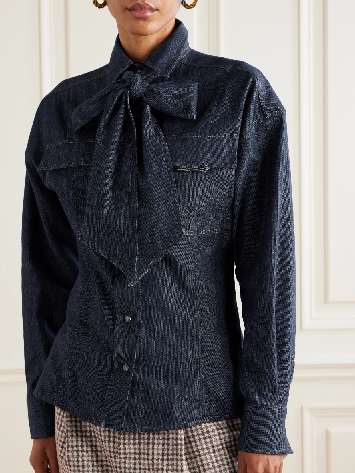 Bead-Embellished Pussy-Bow Denim Shirt