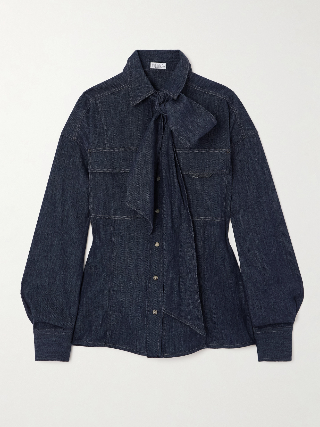 Brunello Cucinelli Bead-embellished Pussy-bow Denim Shirt