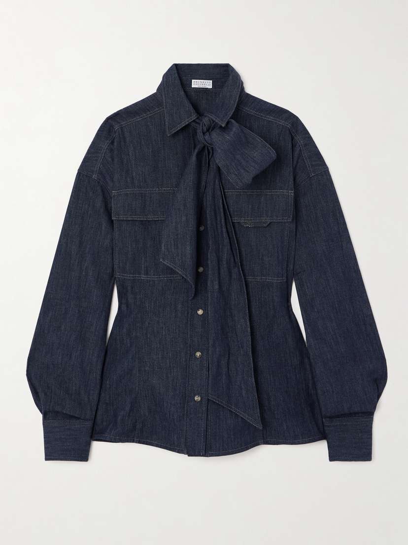 Brunello Cucinelli — Bead-embellished pussy-bow denim shirt