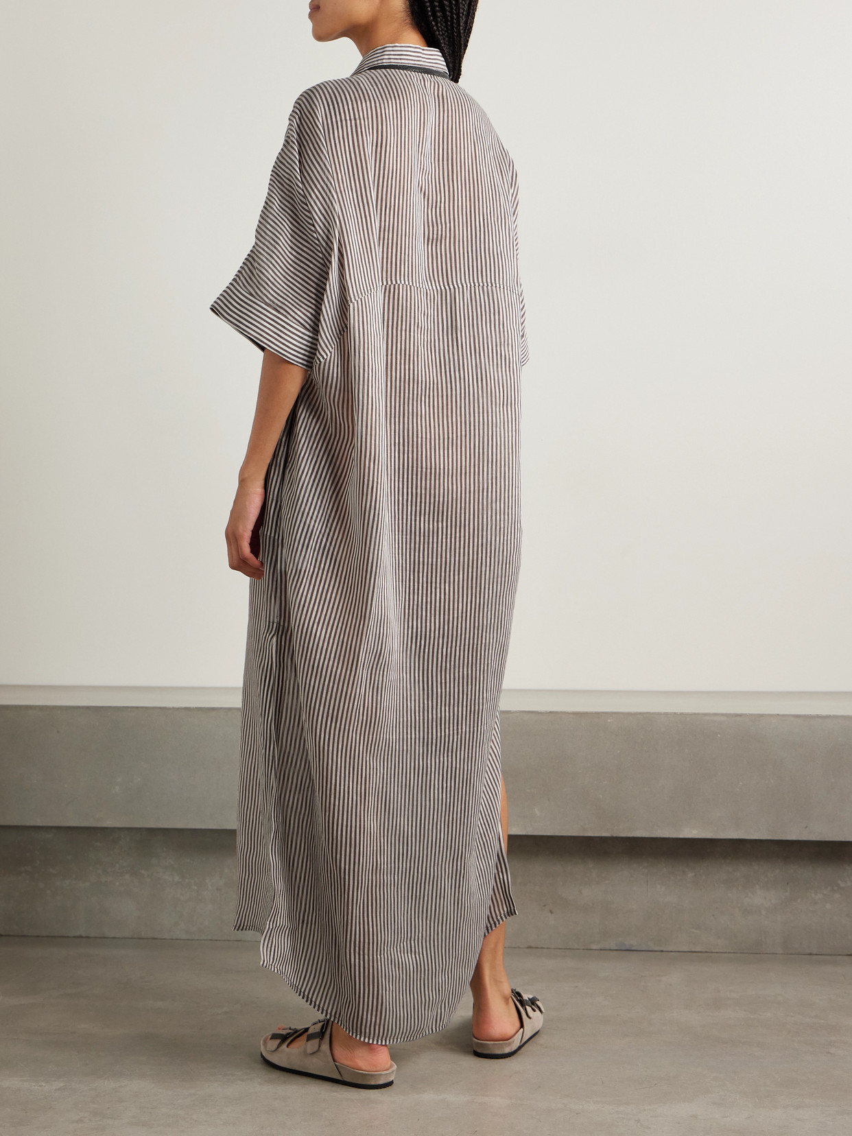 Brunello Cucinelli Oversized Bead-embellished Striped Linen And Silk-blend Organza Maxi Shirt Dress In Gray