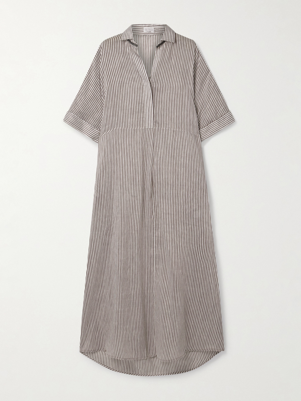 Brunello Cucinelli Oversized Bead-embellished Striped Linen And Silk-blend Organza Maxi Shirt Dress In Gray