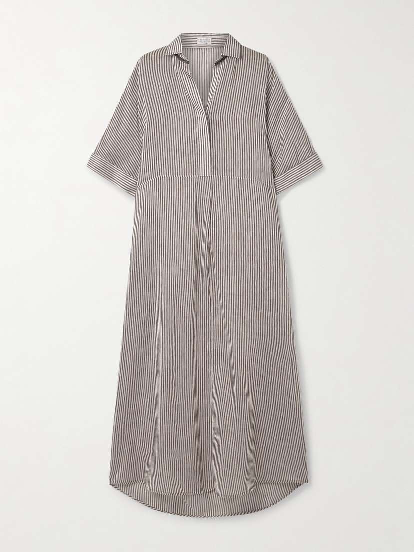 Brunello Cucinelli Oversized Bead-embellished Striped Linen And Silk-blend Organza Maxi Shirt Dress