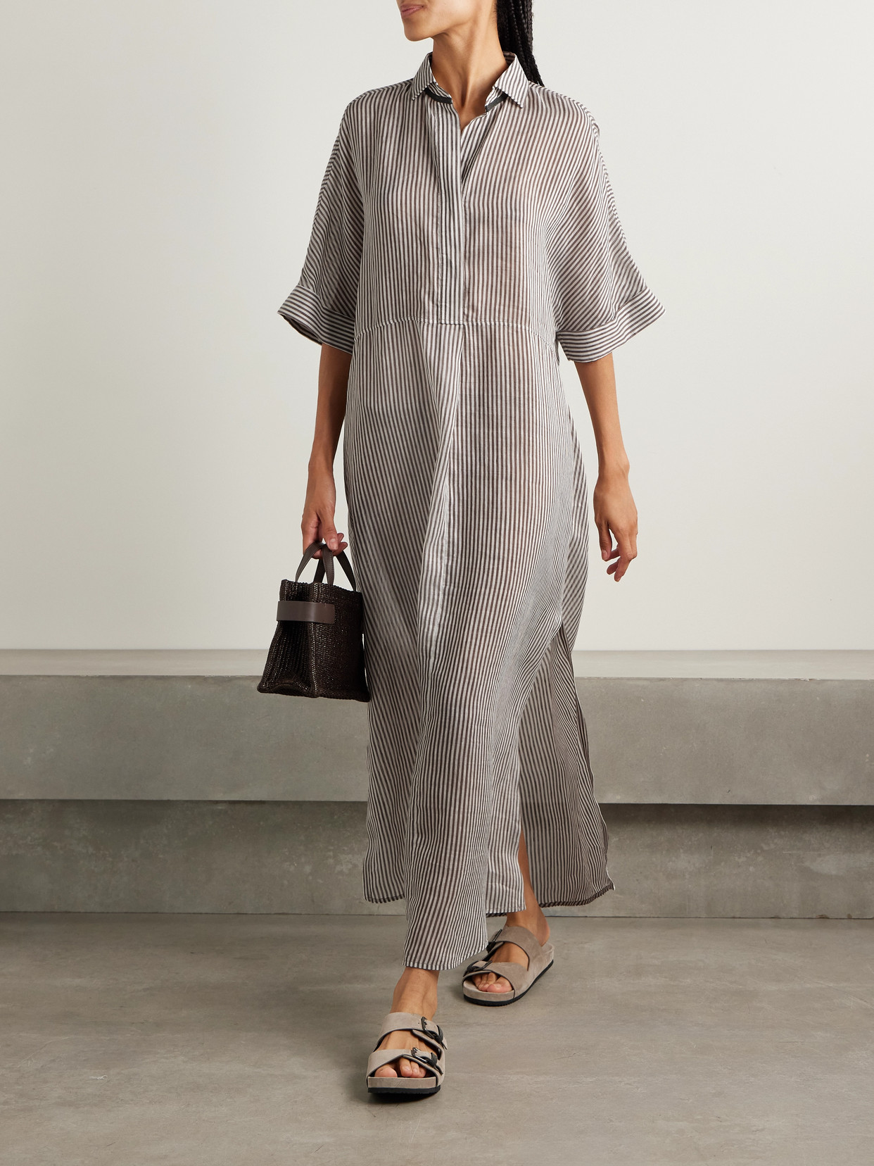 Brunello Cucinelli Oversized Bead-embellished Striped Linen And Silk-blend Organza Maxi Shirt Dress In Gray