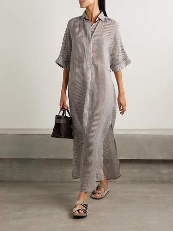 Brunello Cucinelli Oversized bead-embellished striped linen and silk-blend organza maxi shirt dress
