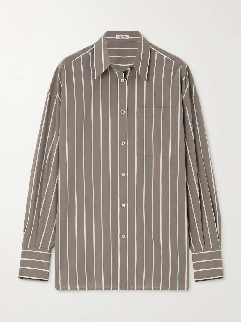 Brunello Cucinelli Bead-embellished Striped Cotton-blend Poplin Shirt