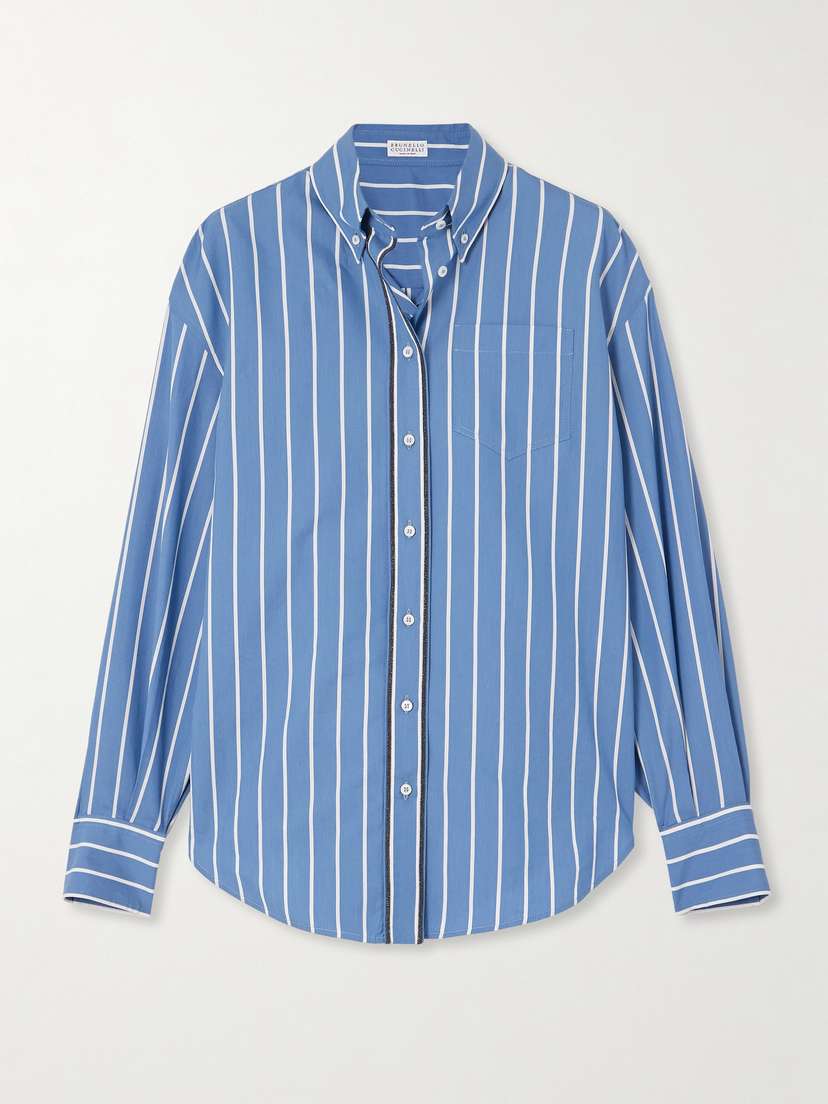 Brunello Cucinelli Bead-embellished Striped Cotton And Silk-blend Poplin Shirt