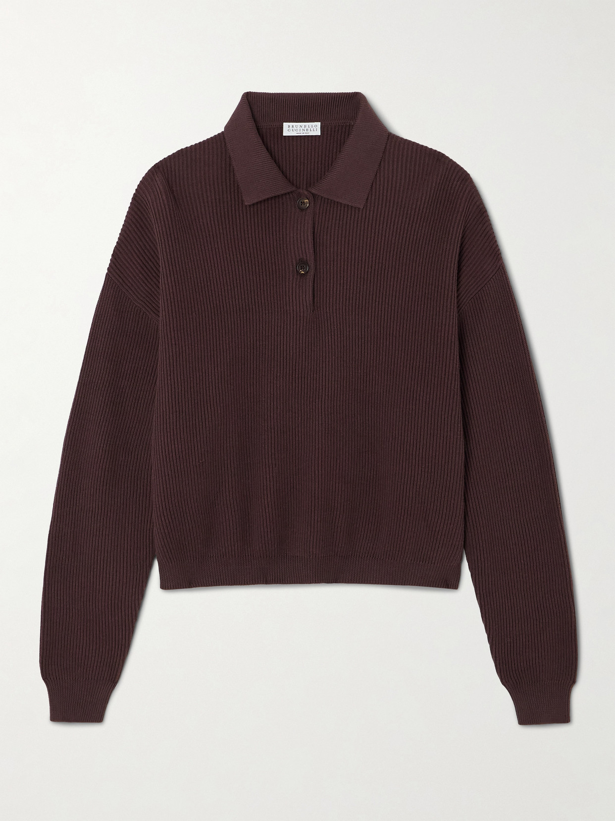 Brunello Cucinelli Ribbed Cotton Polo Sweater In Brown