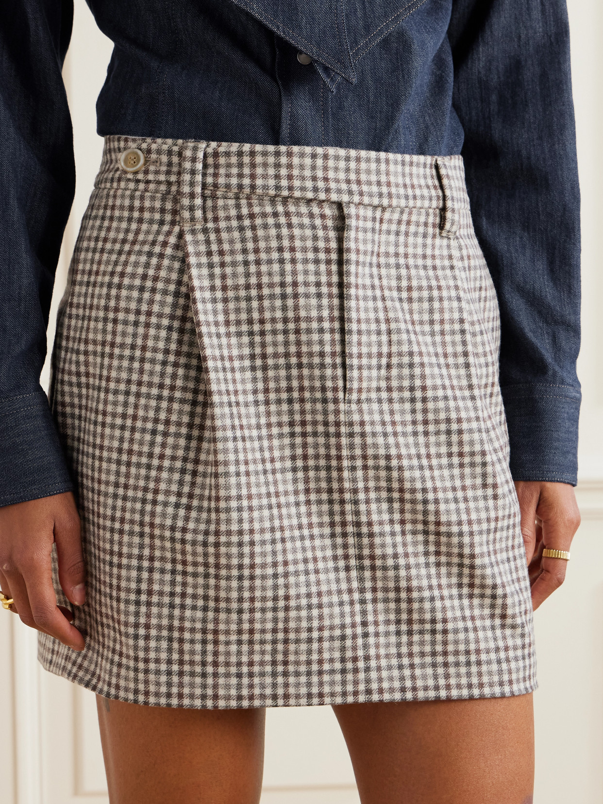 Brunello Cucinelli Pleated Checked Wool Mini Skirt In Gray