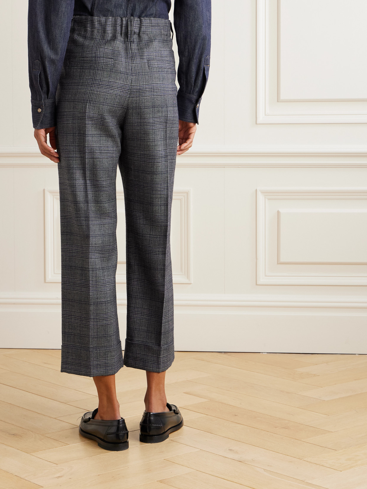 Brunello Cucinelli Cropped Bead-embellished Pleated Prince Of Wales Checked Wool Wide-leg Pants In Gray
