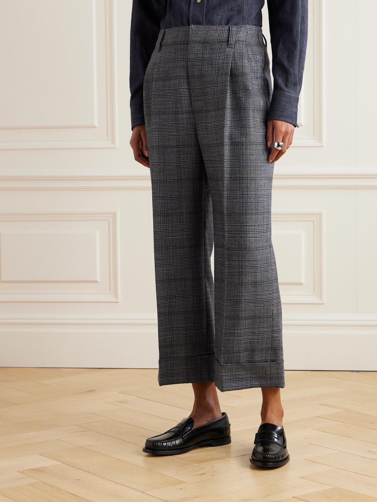 Brunello Cucinelli Cropped Bead-embellished Pleated Prince Of Wales Checked Wool Wide-leg Pants In Gray