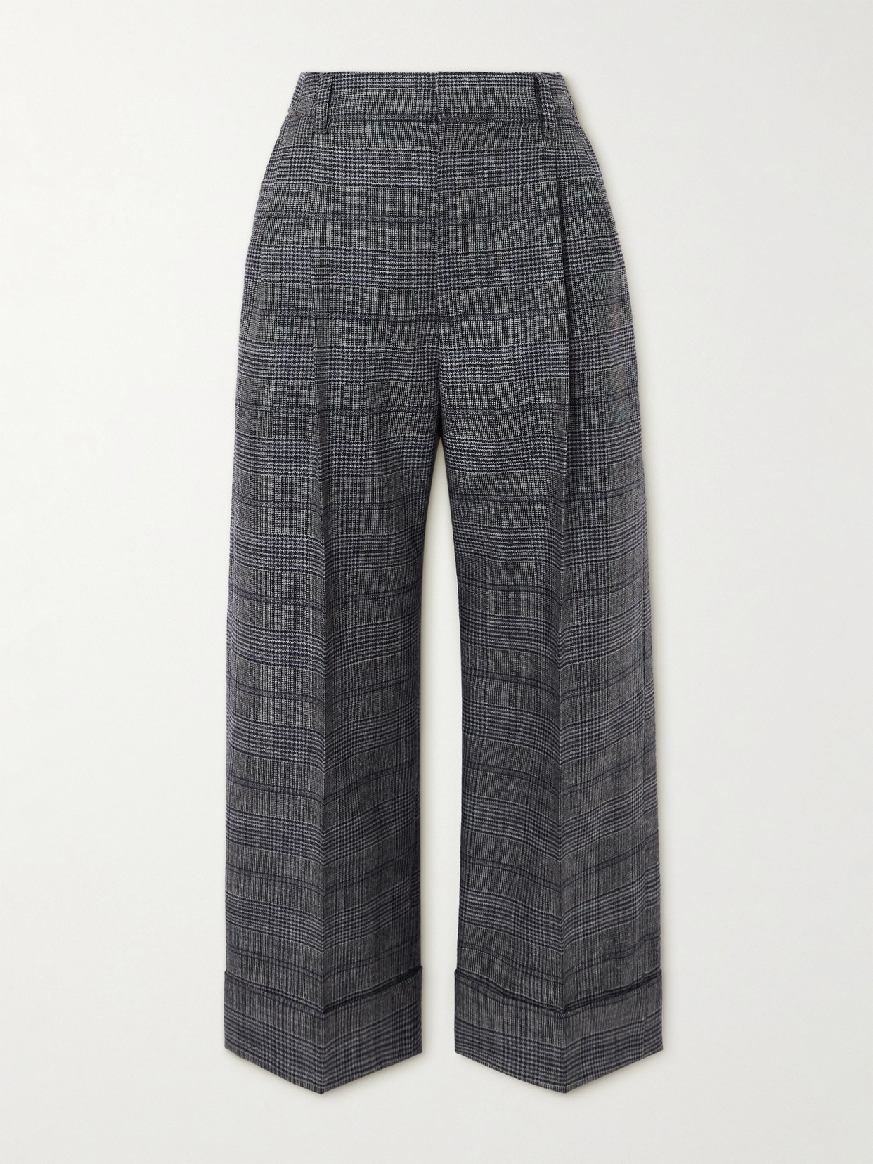 Brunello Cucinelli Cropped Bead-embellished Pleated Prince Of Wales Checked Wool Wide-leg Pants In Gray
