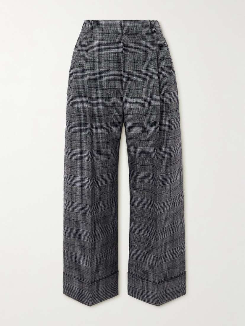 Brunello Cucinelli Cropped Bead-embellished Pleated Prince Of Wales Checked Wool Wide-leg Pants