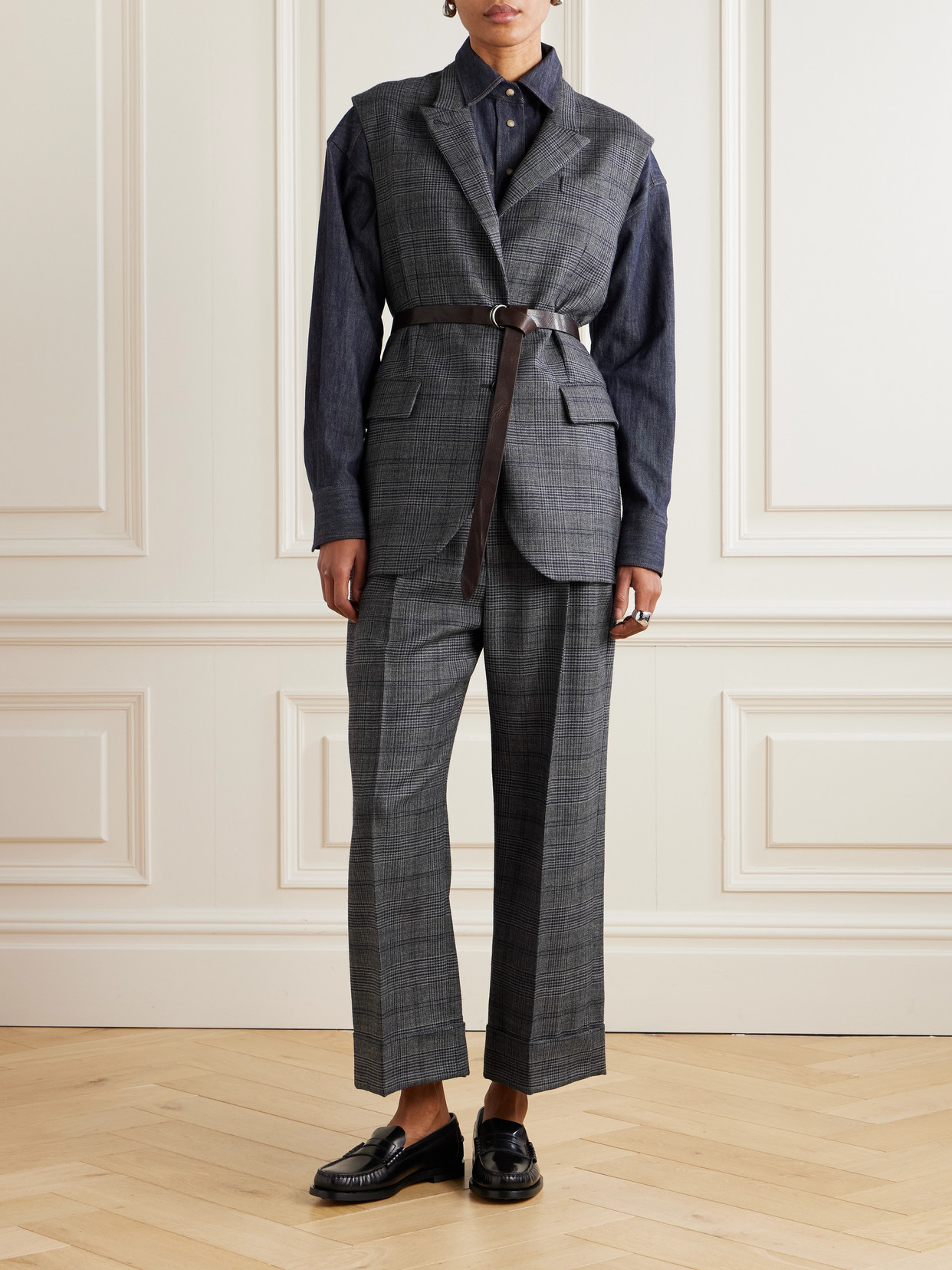 Brunello Cucinelli Cropped Bead-embellished Pleated Prince Of Wales Checked Wool Wide-leg Pants In Gray