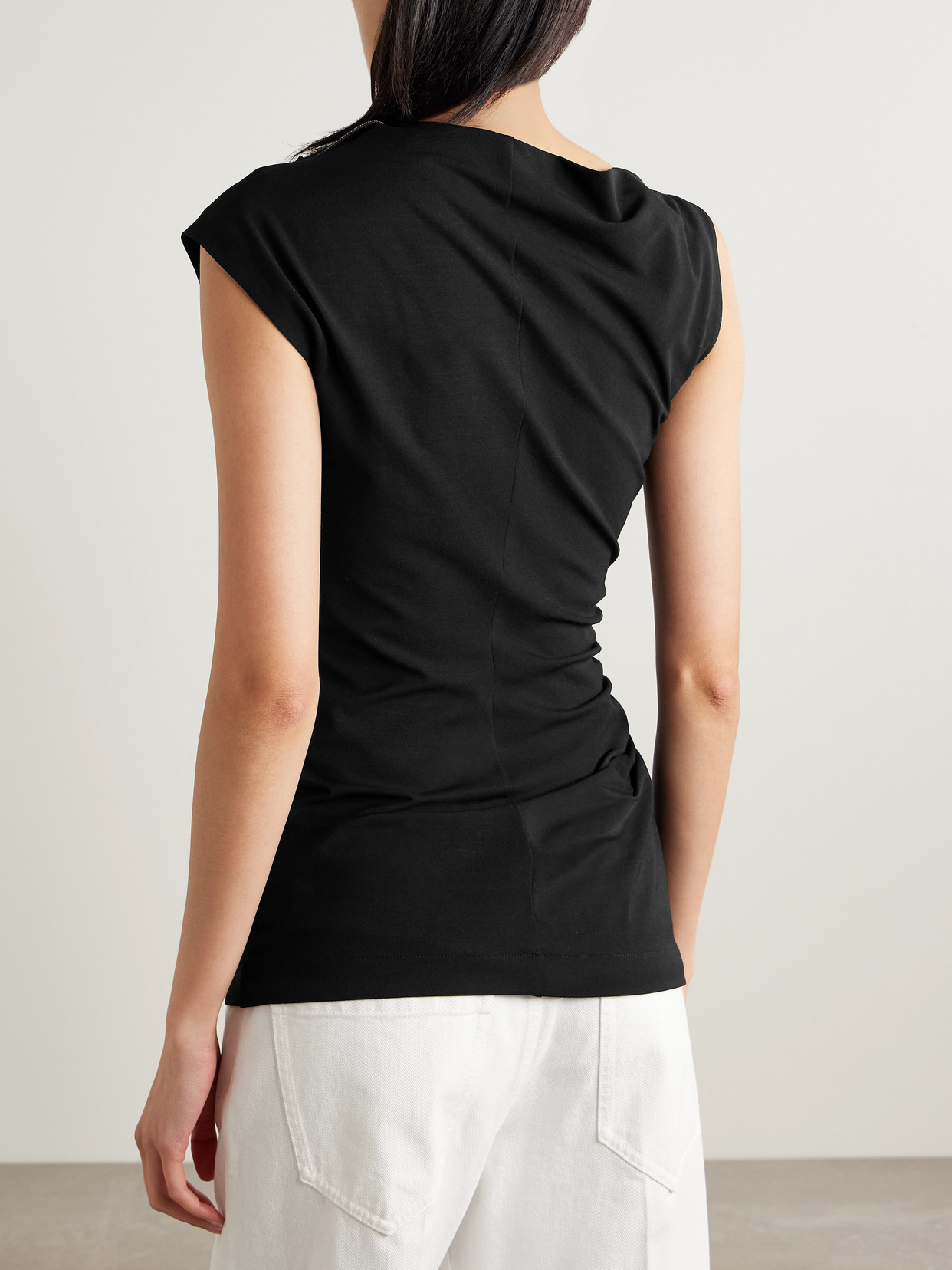 Brunello Cucinelli Bead-embellished Ruched Stretch-jersey Top