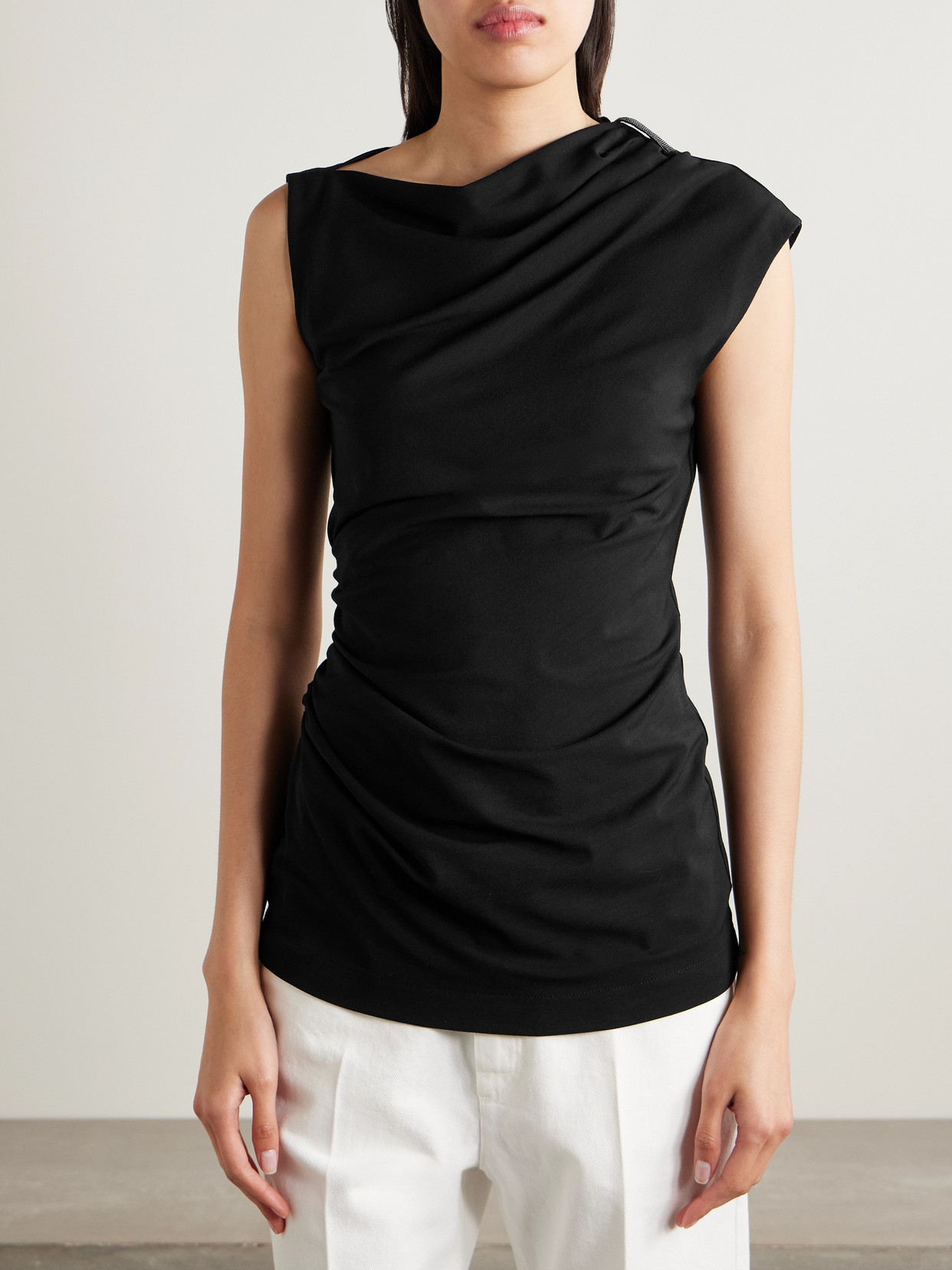 Brunello Cucinelli Bead-embellished Ruched Stretch-jersey Top