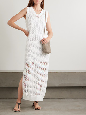 Brunello Cucinelli Sequin-embellished open-knit cotton-blend midi dress