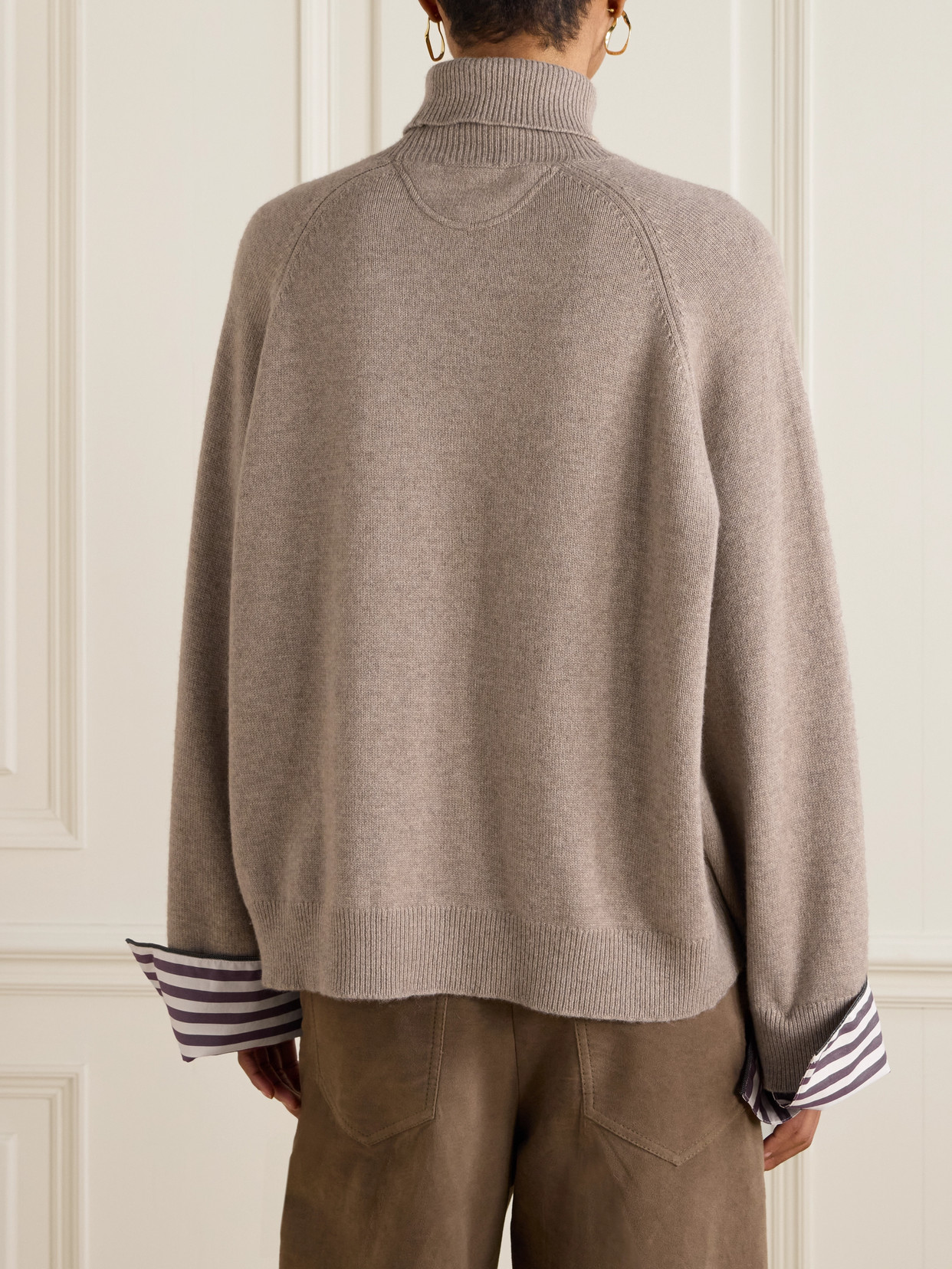 Brunello Cucinelli Striped Poplin-trimmed Cashmere Turtleneck Sweater In Brown