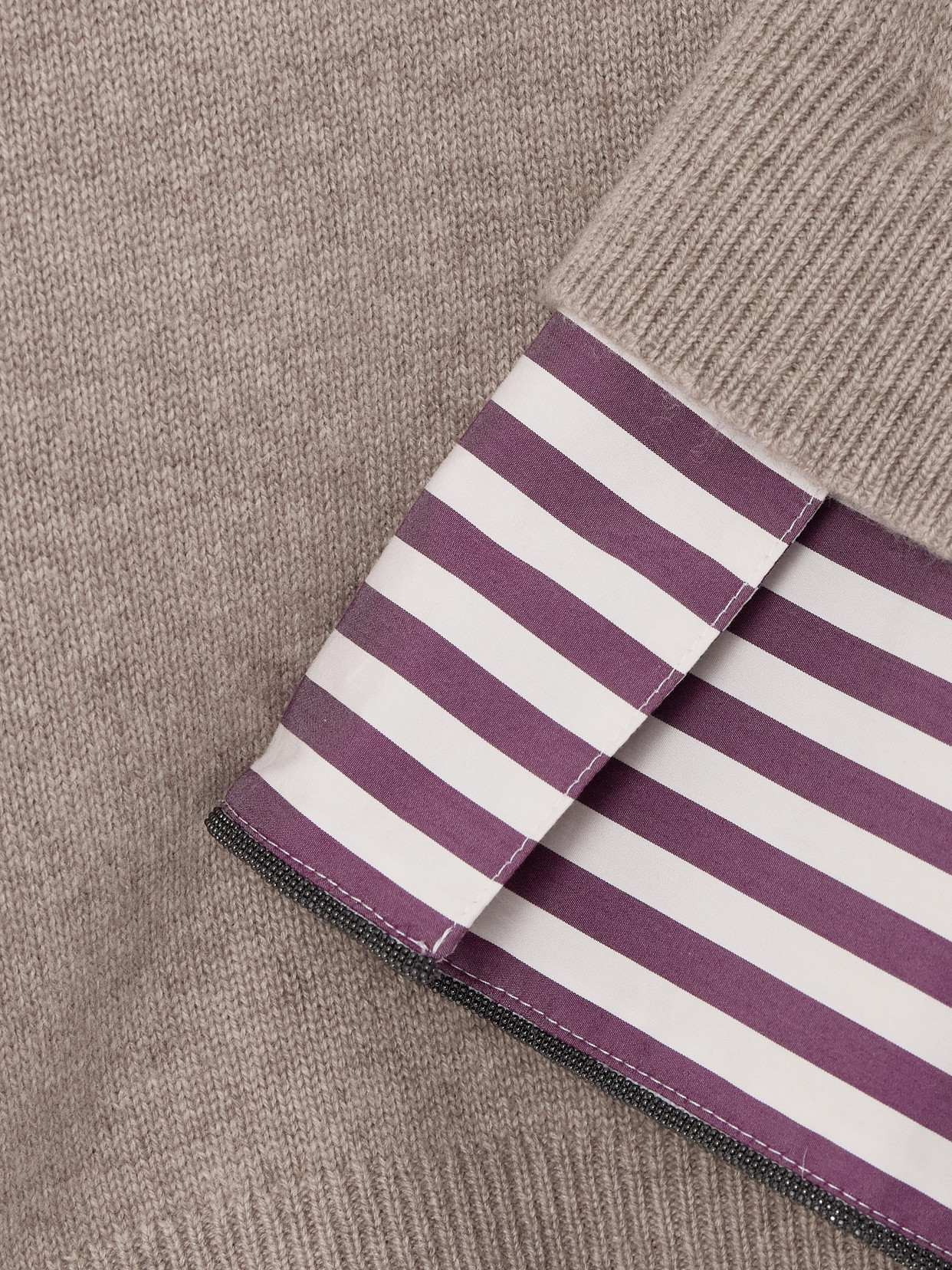 Brunello Cucinelli Striped Poplin-trimmed Cashmere Turtleneck Sweater In Brown
