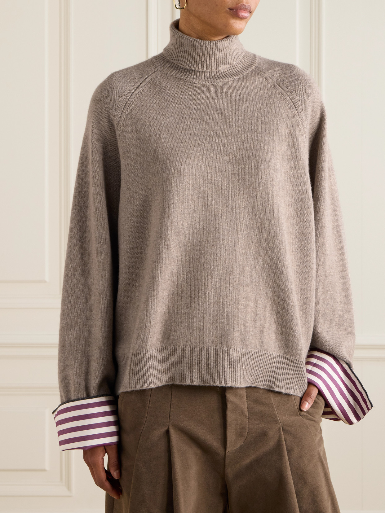 Brunello Cucinelli Striped Poplin-trimmed Cashmere Turtleneck Sweater In Brown